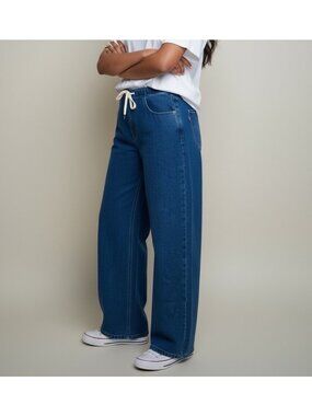 Flamingals Womens Wide-Leg Drawstring Denim Pants Blue Cotton Blend Size Large